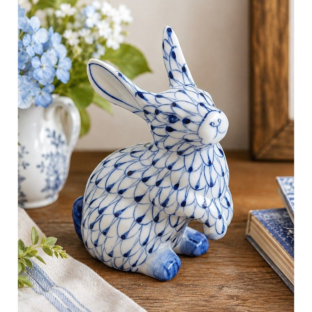 Vintage Andrea by Sadek Blue Fishnet Bunny Rabbit Figurine Hand Painted 5.5"